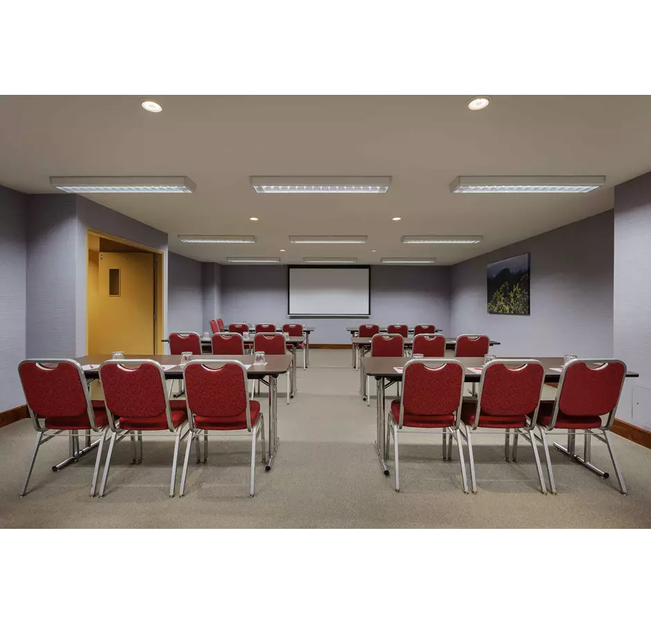 Ibis Conference room, classroom set up with trestle tables facing the front of the room
