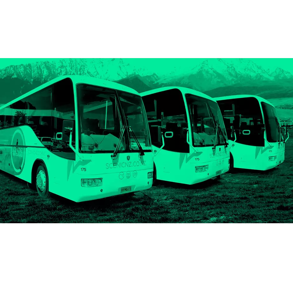 Scenicnz, three coaches lined up with a green filter over the image