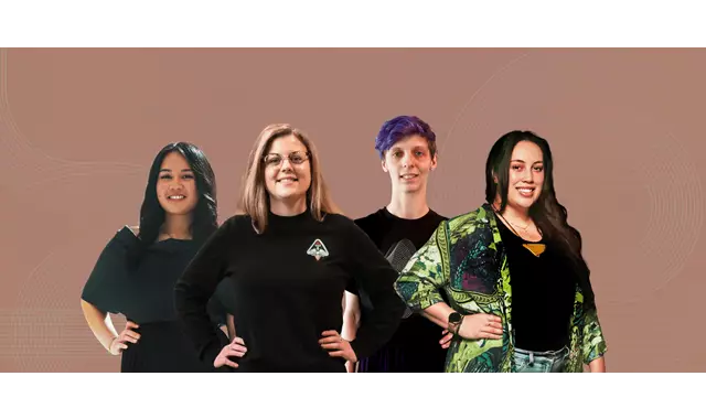 Four women facing the front with a brown background